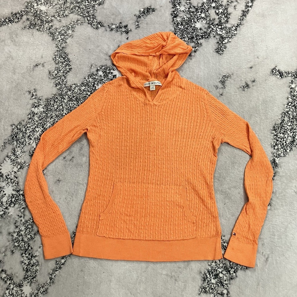 Tommy Hilfiger Womens L Orange Ramie Blend Cable Knit Hooded Sweater Hoodie
